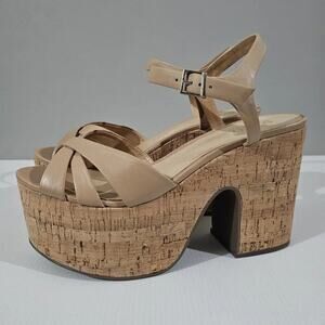 Schutz Keefa Platform Cork Sandal Womens 9.5 Beige Leather Strappy Cutout NEW